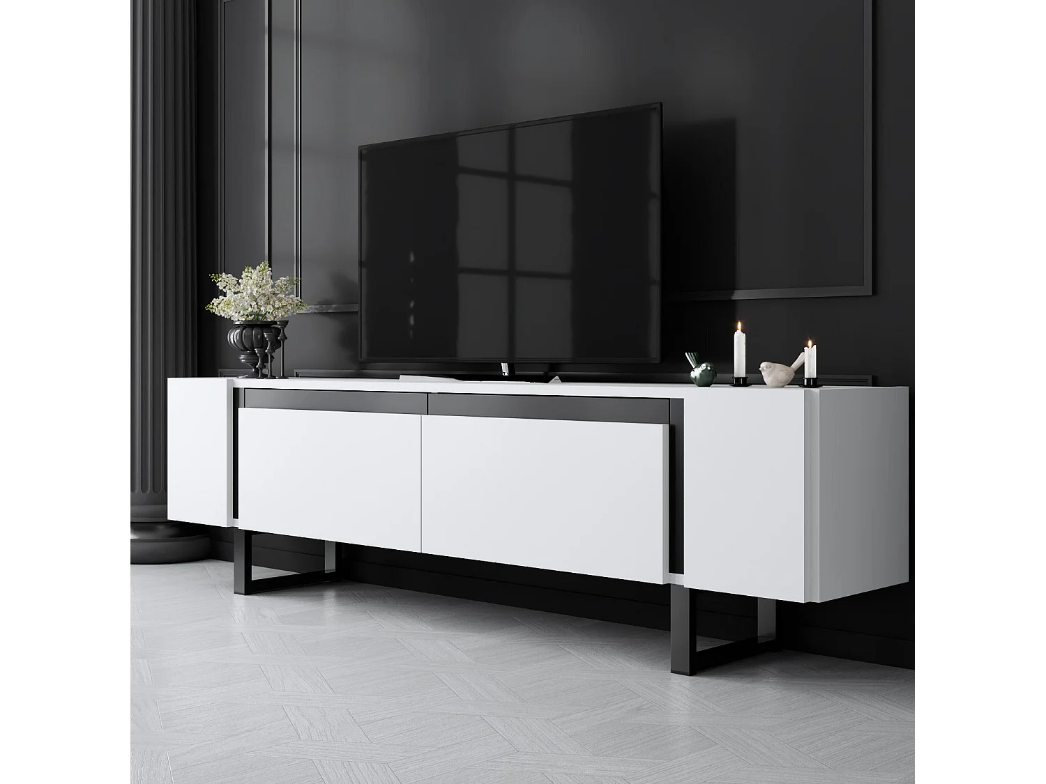 Meuble Tv design 2 portes basculantes Merany L180cm Bois Blanc et Métal Noir