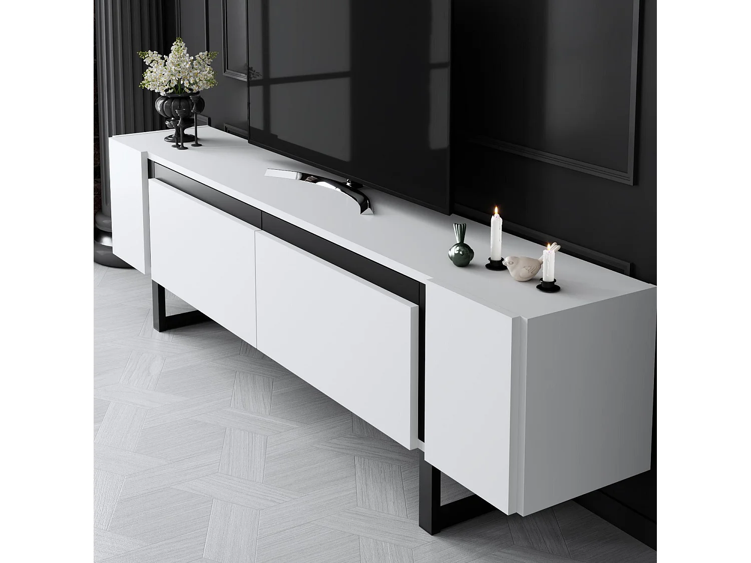 Meuble Tv design 2 portes basculantes Merany L180cm Bois Blanc et Métal Noir