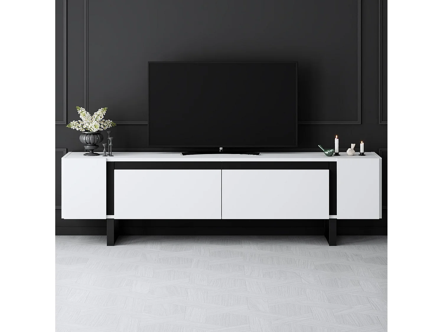 Móvel de TV – 180 cm x 50 cm x 30 cm – Branco e Preto – Aglomerado e Metal