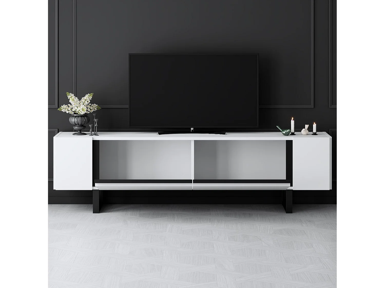 Móvel de TV – 180 cm x 50 cm x 30 cm – Branco e Preto – Aglomerado e Metal