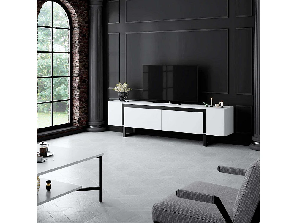 Móvel de TV – 180 cm x 50 cm x 30 cm – Branco e Preto – Aglomerado e Metal