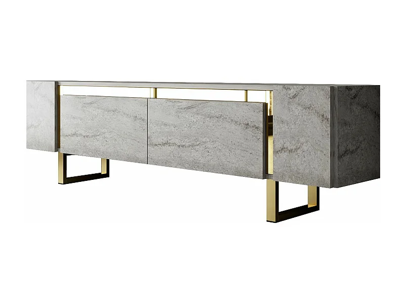 Meuble Tv design 2 portes basculantes Merany L180cm Bois Effet travertin beige et Métal Or