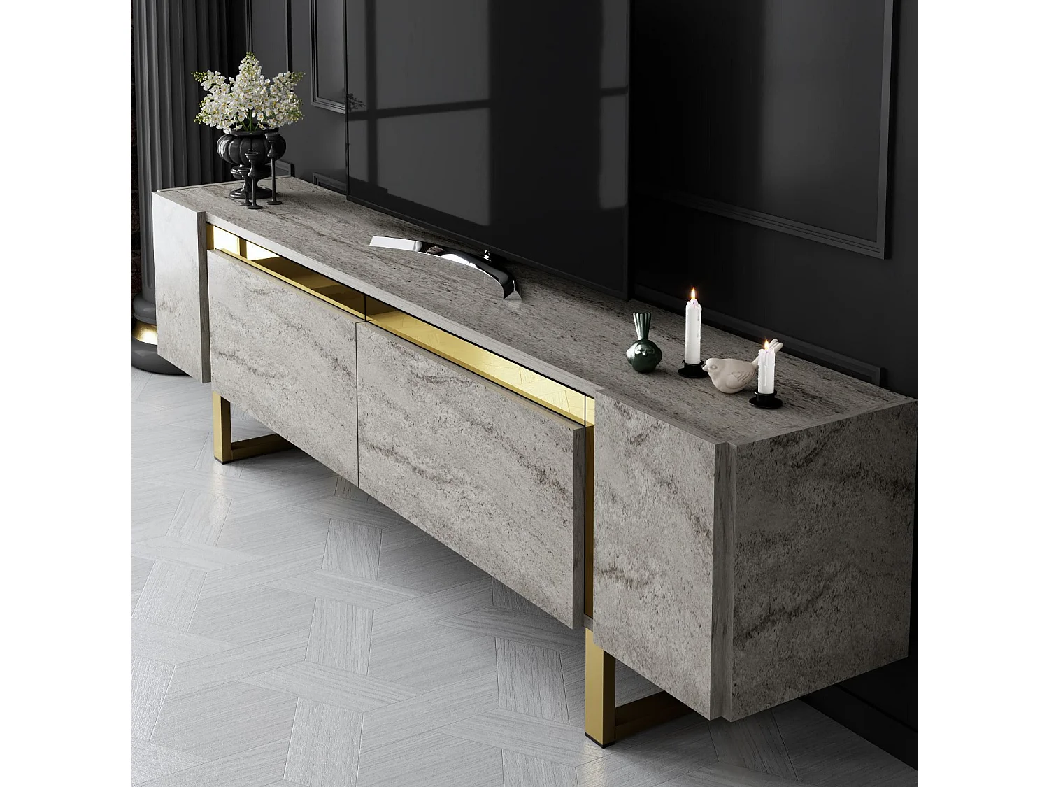 Meuble Tv design 2 portes basculantes Merany L180cm Bois Effet travertin beige et Métal Or