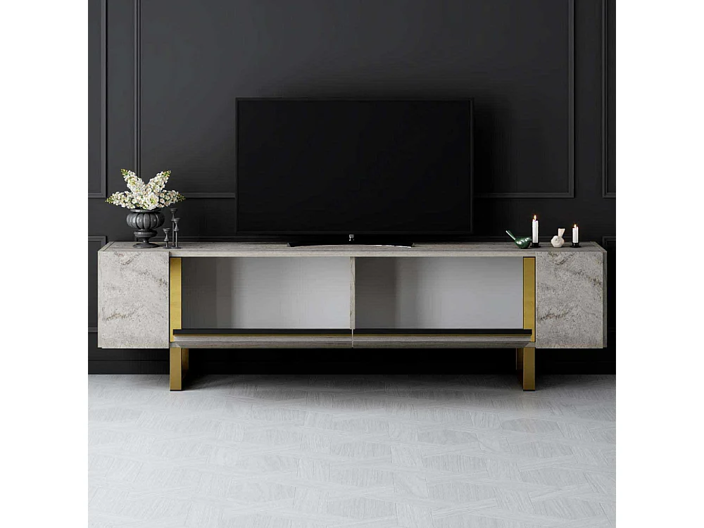 Meuble Tv design 2 portes basculantes Merany L180cm Bois Effet travertin beige et Métal Or