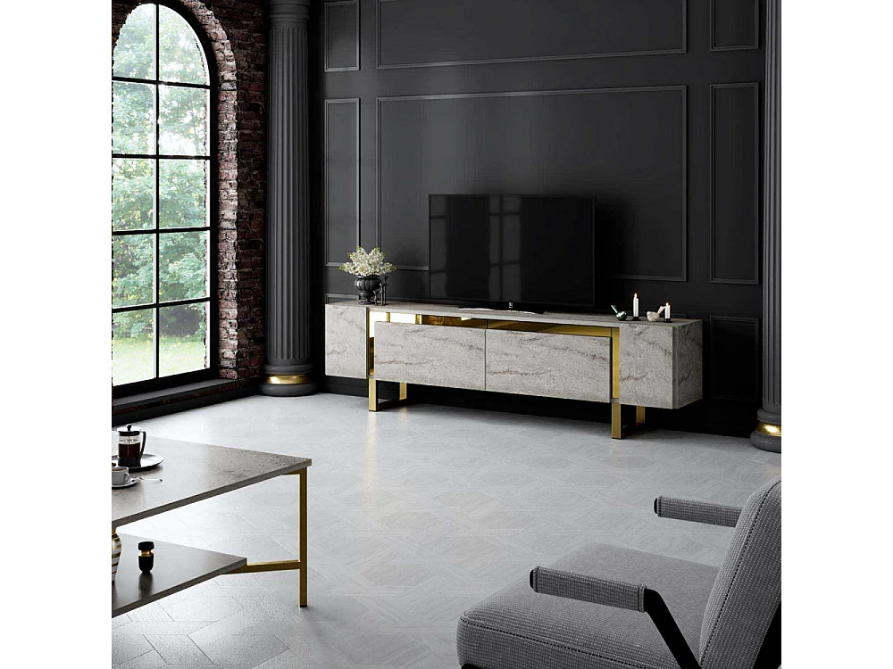 Meuble Tv design 2 portes basculantes Merany L180cm Bois Effet travertin beige et Métal Or