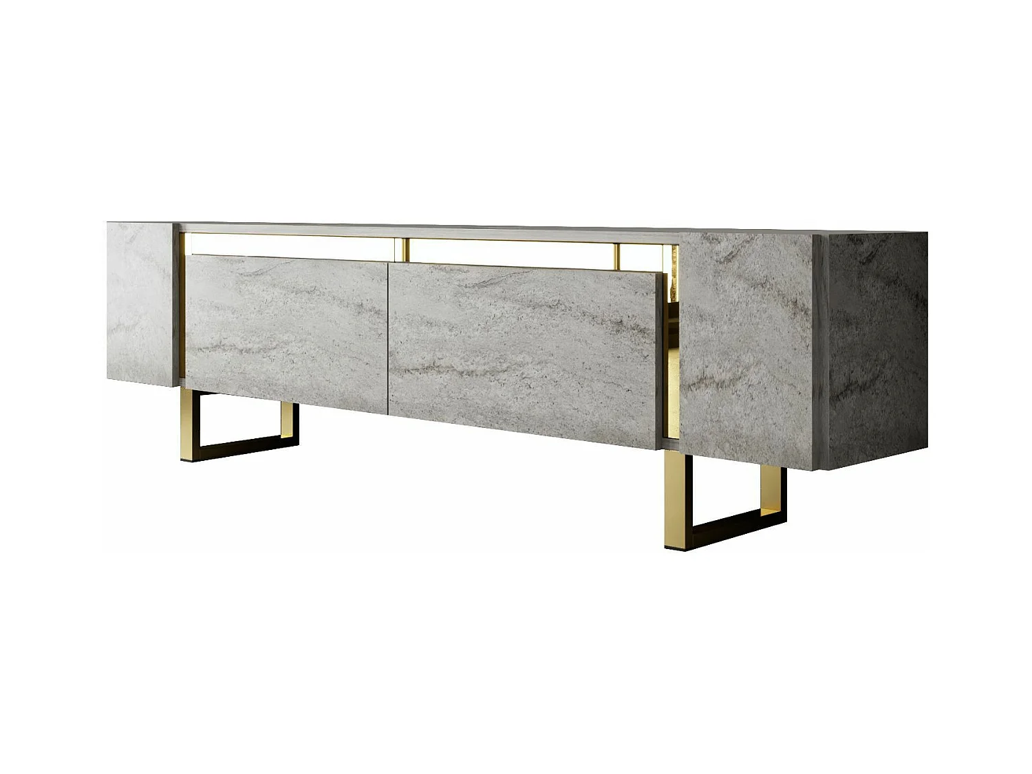 Meuble Tv design 2 portes basculantes Merany L180cm Bois Effet travertin beige et Métal Or