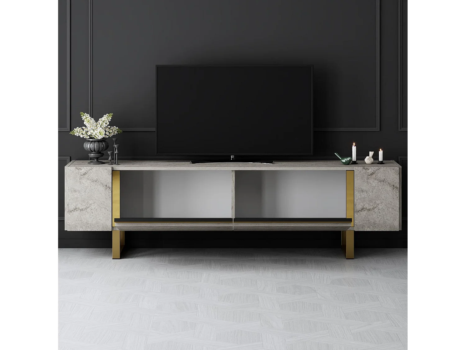 Meuble Tv design 2 portes basculantes Merany L180cm Bois Effet travertin beige et Métal Or