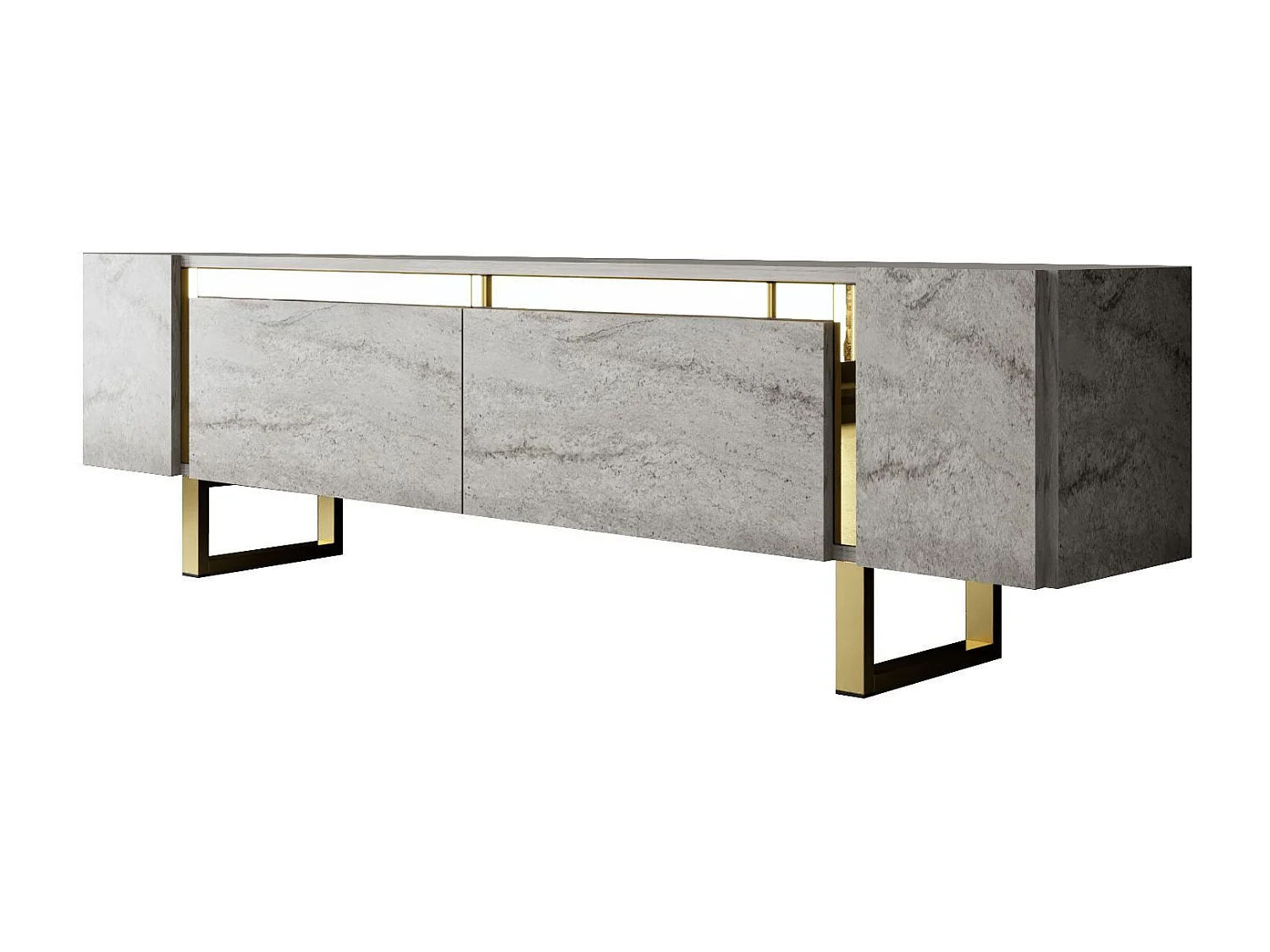 Meuble Tv design 2 portes basculantes Merany L180cm Bois Effet travertin beige et Métal Or