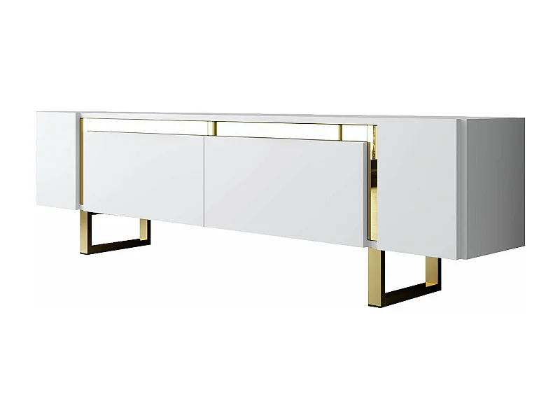 Meuble Tv design 2 portes basculantes Merany L180cm Bois Blanc et Métal Or