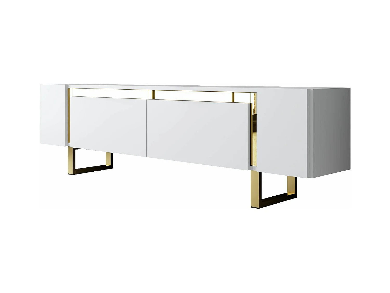 Meuble Tv design 2 portes basculantes Merany L180cm Bois Blanc et Métal Or