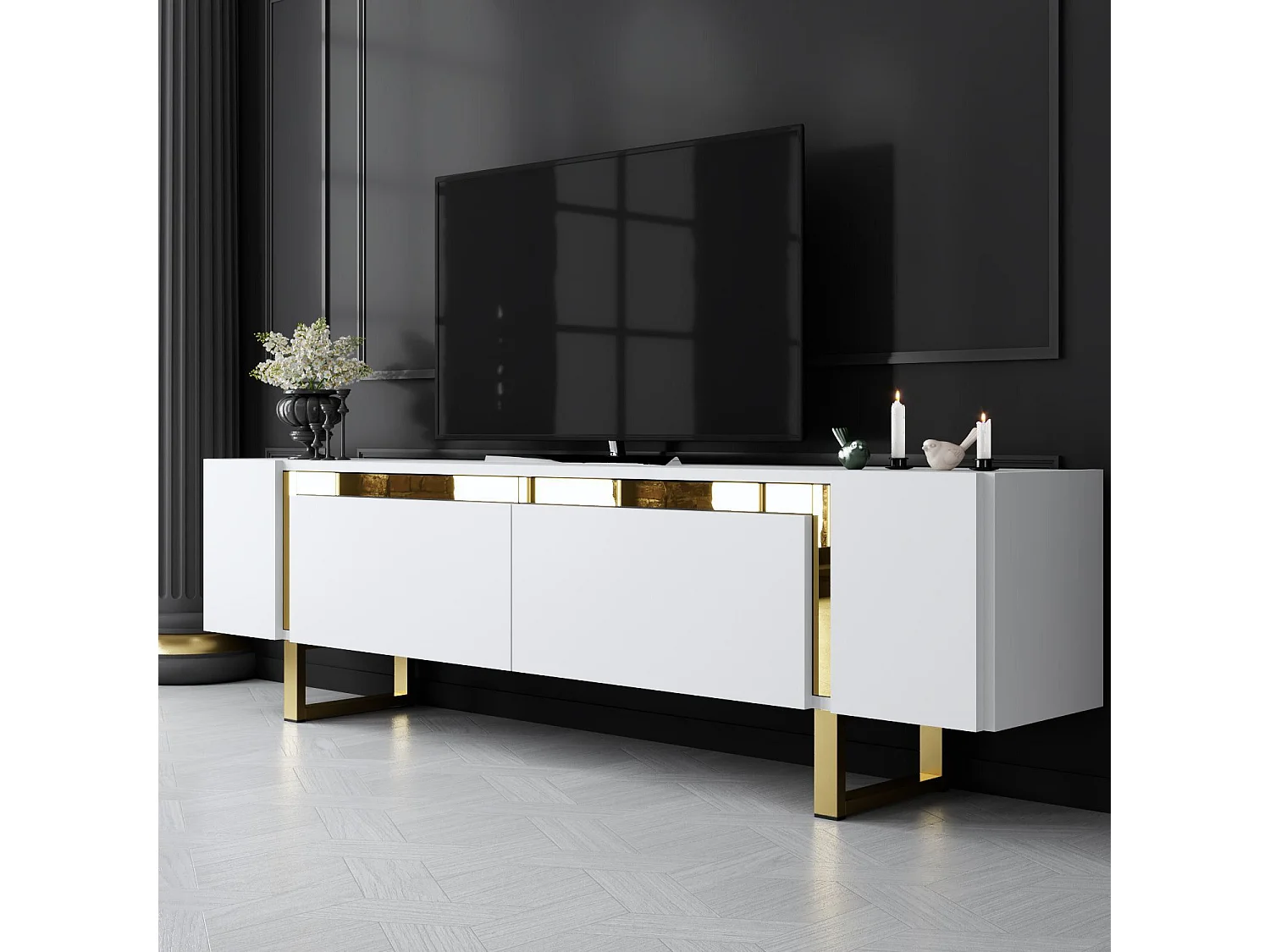 TV-meubel – 180 x 50 x 30 cm – Wit en goud – Melamine gecoat MDF