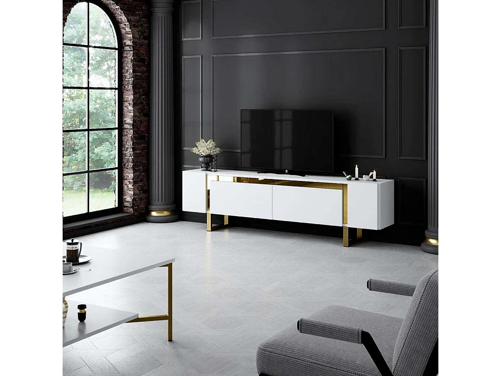 TV-meubel – 180 x 50 x 30 cm – Wit en goud – Melamine gecoat MDF