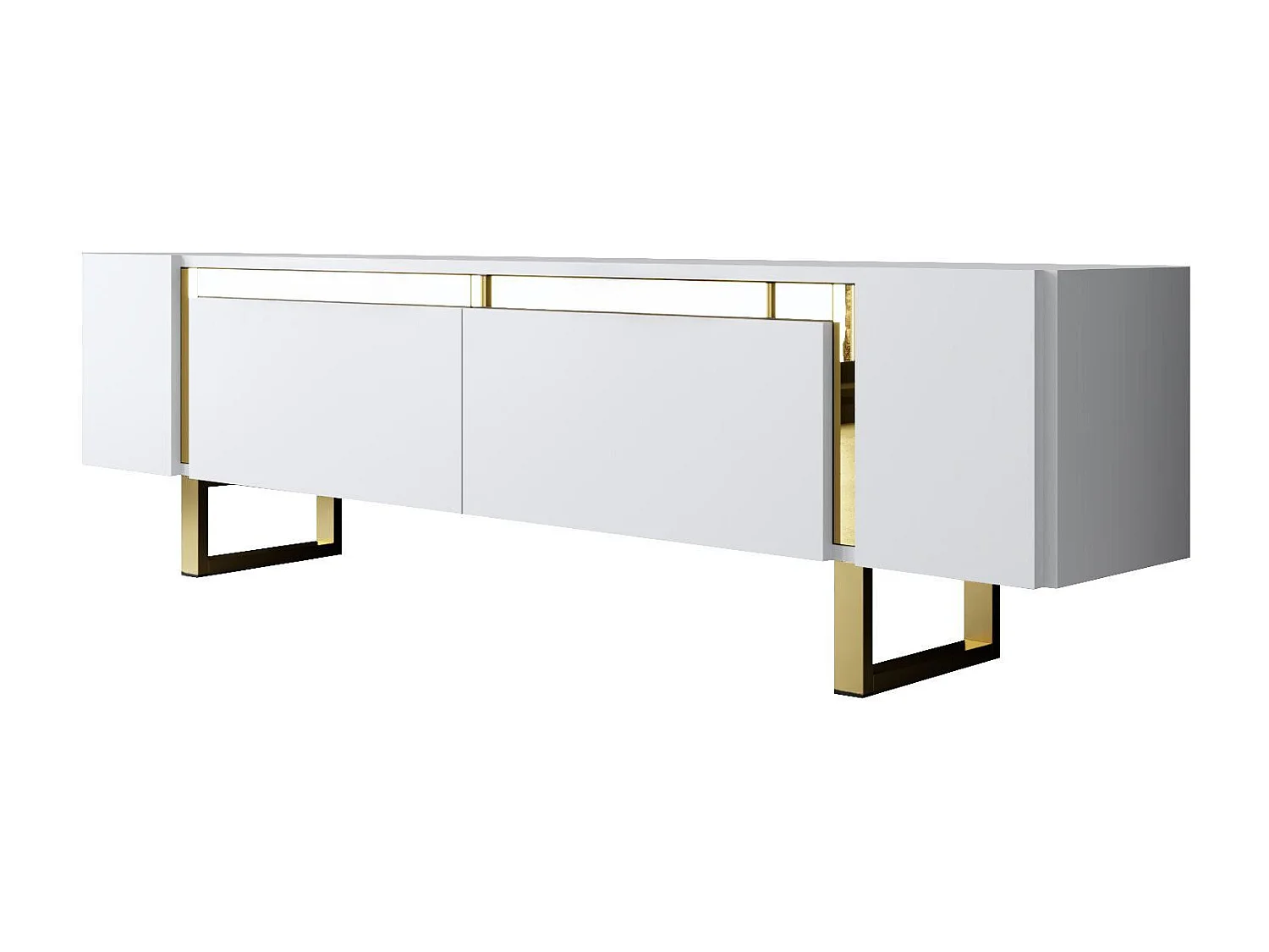 Meuble Tv design 2 portes basculantes Merany L180cm Bois Blanc et Métal Or