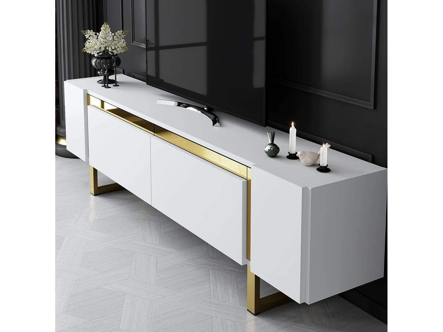 Meuble Tv design 2 portes basculantes Merany L180cm Bois Blanc et Métal Or