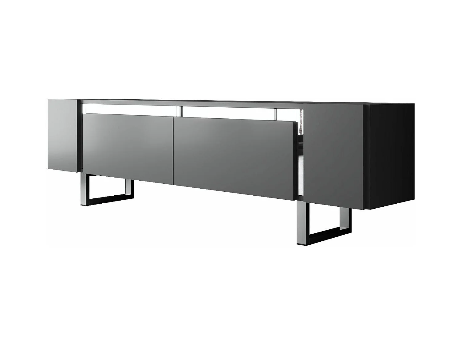 Meuble Tv design 2 portes basculantes Merany L180cm Bois Anthracite et Métal Argent