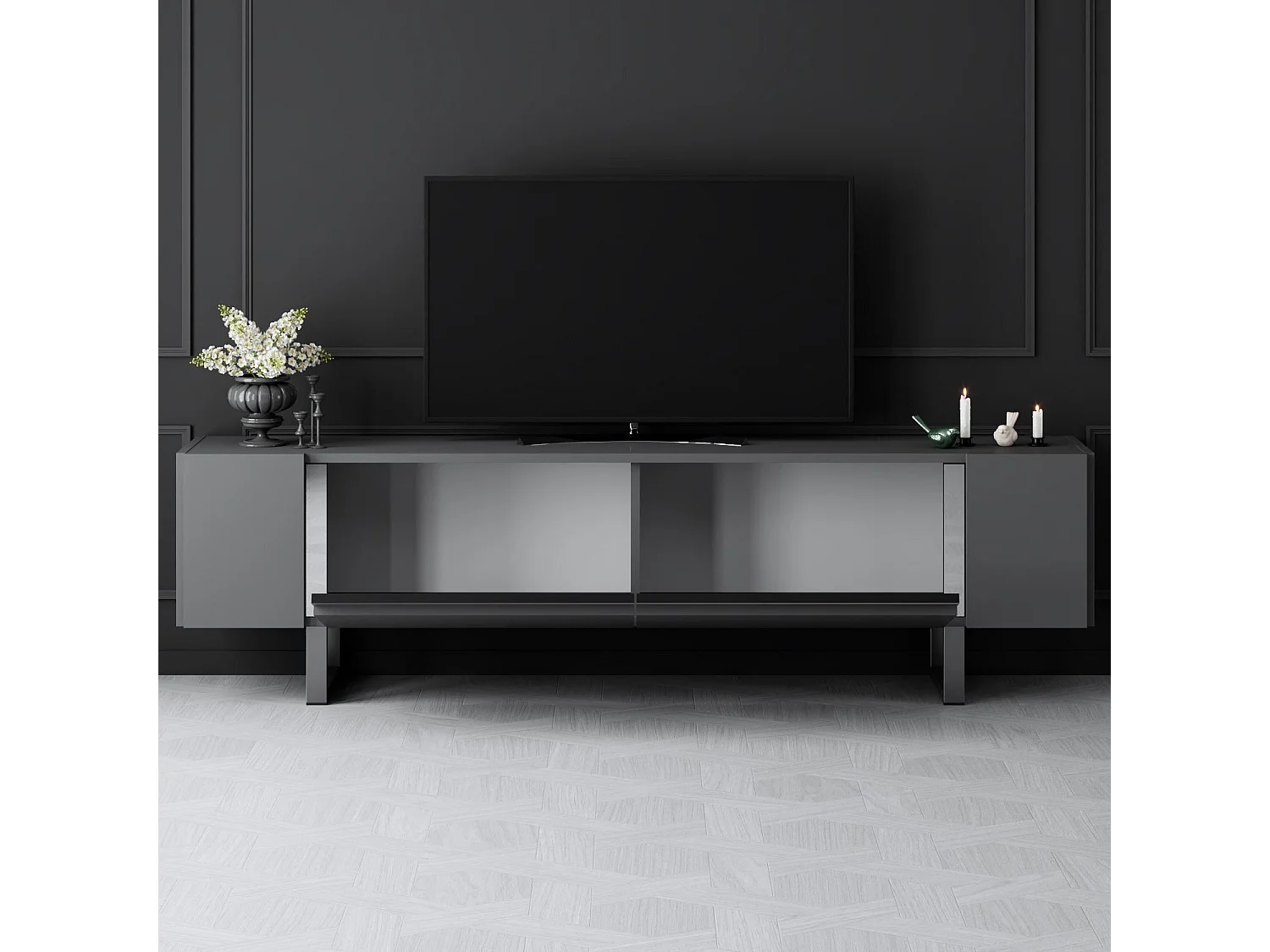 TV-meubel – 180 x 50 x 30 cm – Antraciet en zilver – Melamine gecoate spaanplaat