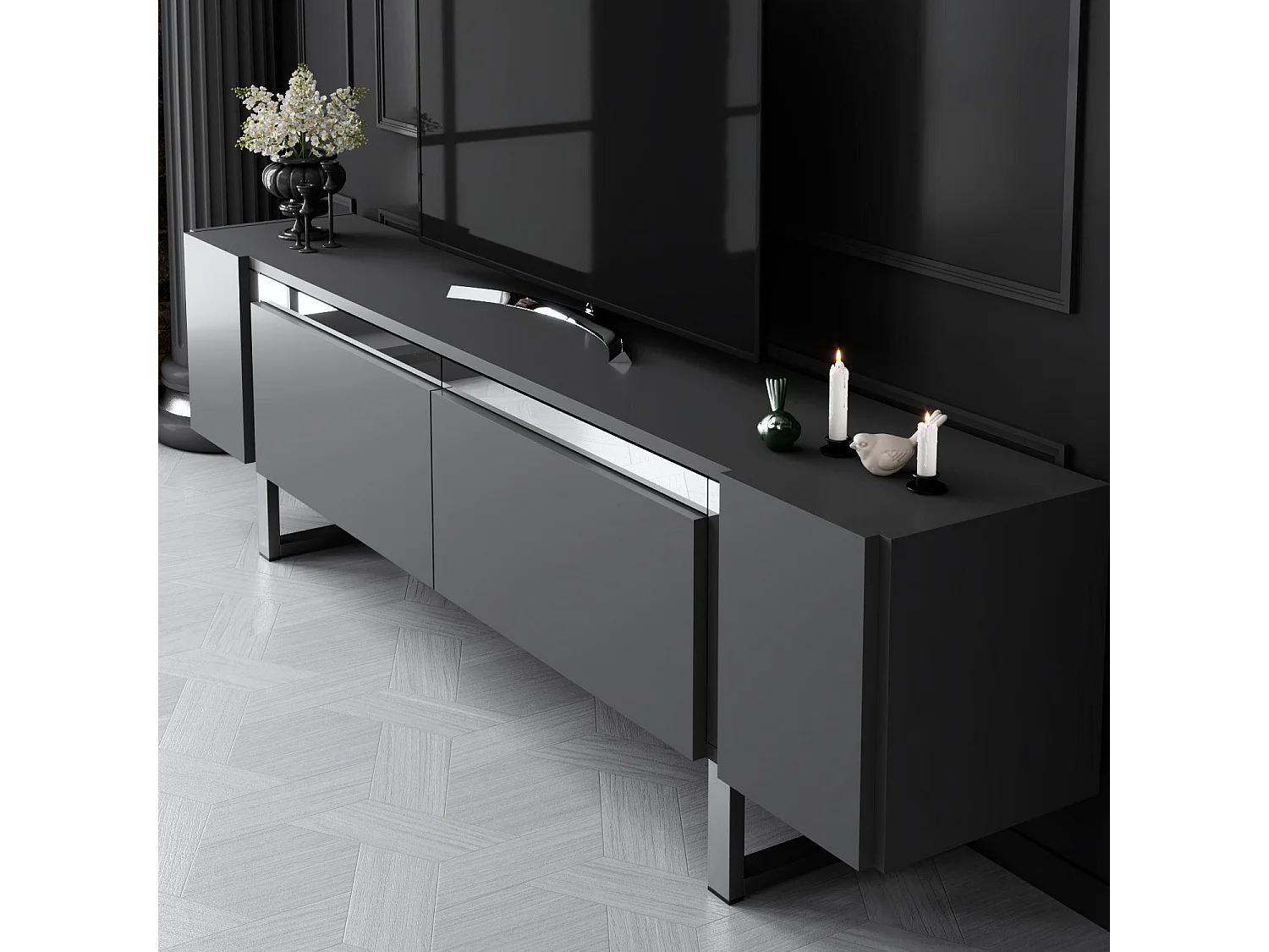 TV-meubel – 180 x 50 x 30 cm – Antraciet en zilver – Melamine gecoate spaanplaat