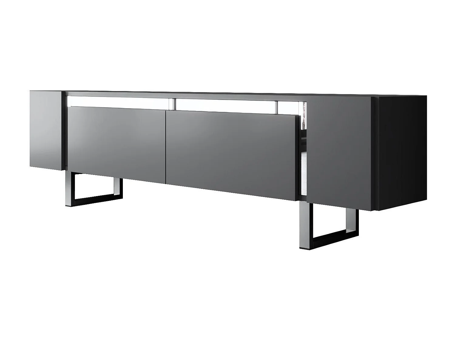 Meuble Tv design 2 portes basculantes Merany L180cm Bois Anthracite et Métal Argent