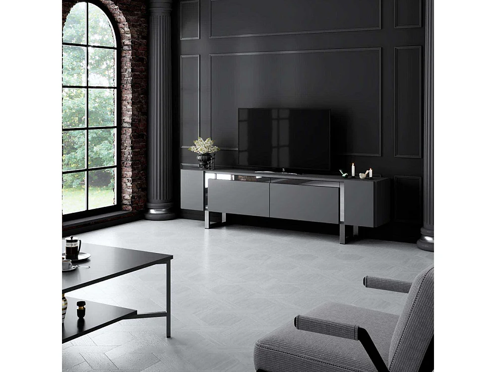 Meuble Tv design 2 portes basculantes Merany L180cm Bois Anthracite et Métal Argent