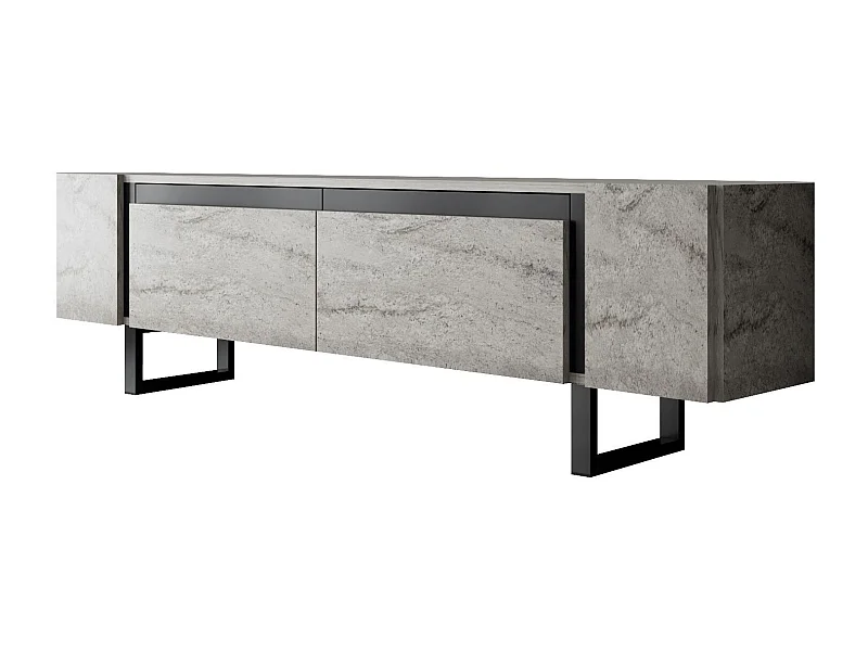 Meuble Tv design 2 portes basculantes Merany L180cm Bois Effet travertin beige et Métal Noir