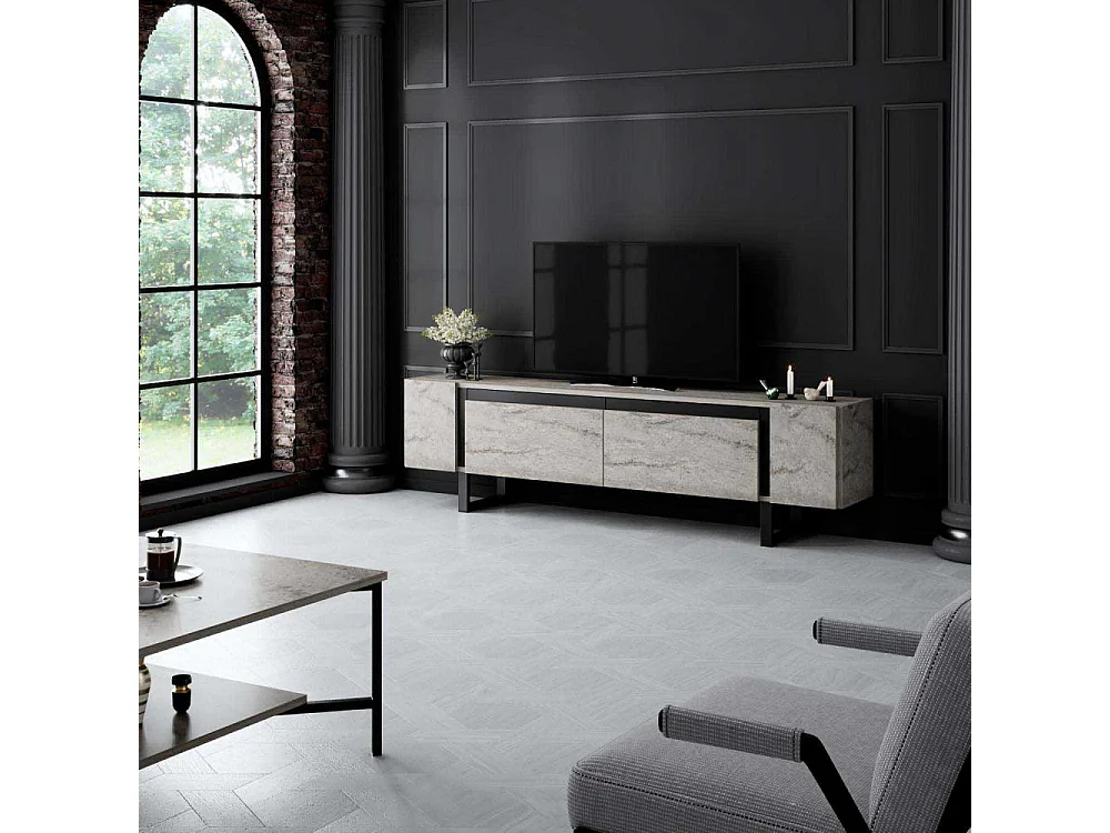 Meuble Tv design 2 portes basculantes Merany L180cm Bois Effet travertin beige et Métal Noir