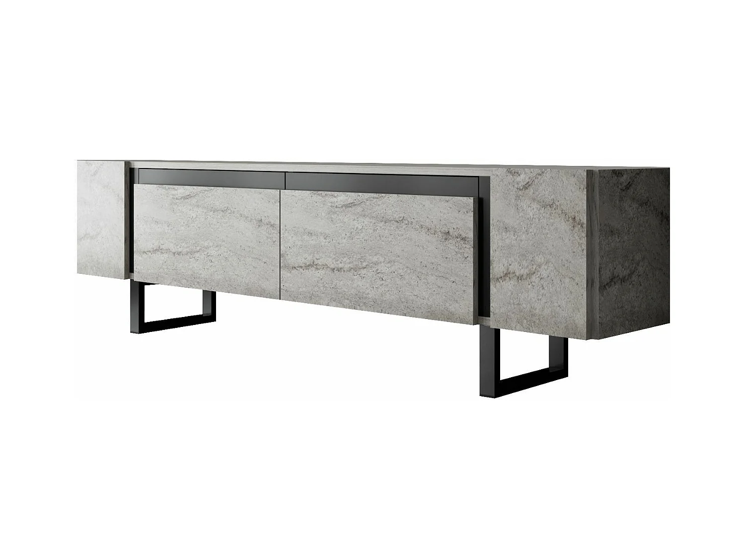Meuble Tv design 2 portes basculantes Merany L180cm Bois Effet travertin beige et Métal Noir