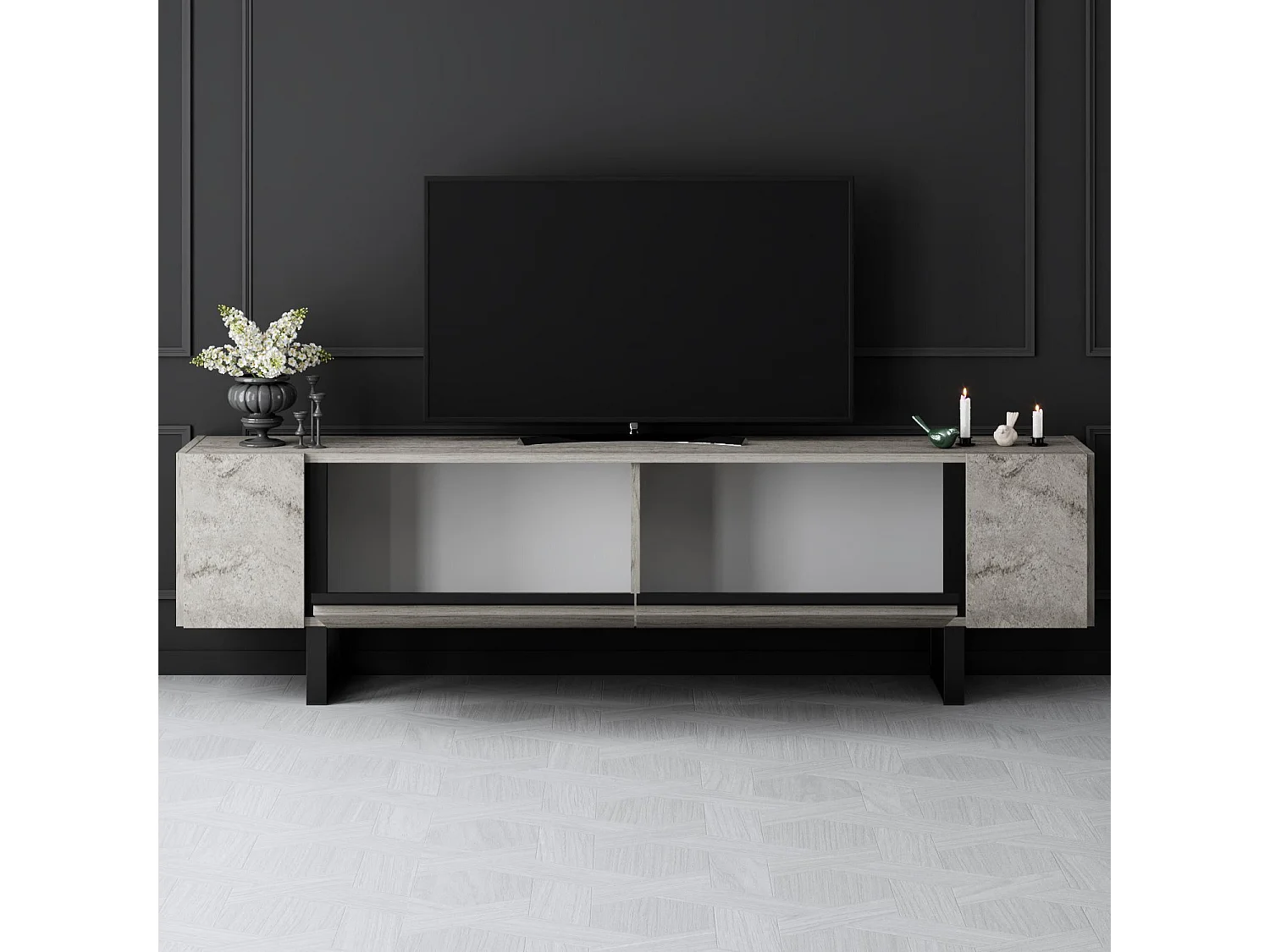 Mueble de TV – 180 cm x 50 cm x 30 cm – Travertino y Negro – MDF