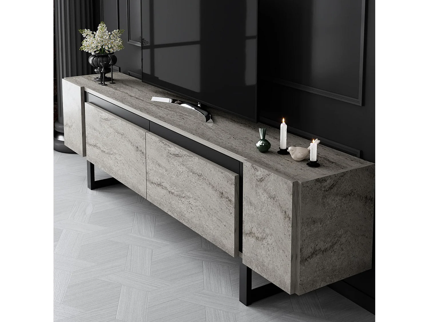 Mueble de TV – 180 cm x 50 cm x 30 cm – Travertino y Negro – MDF