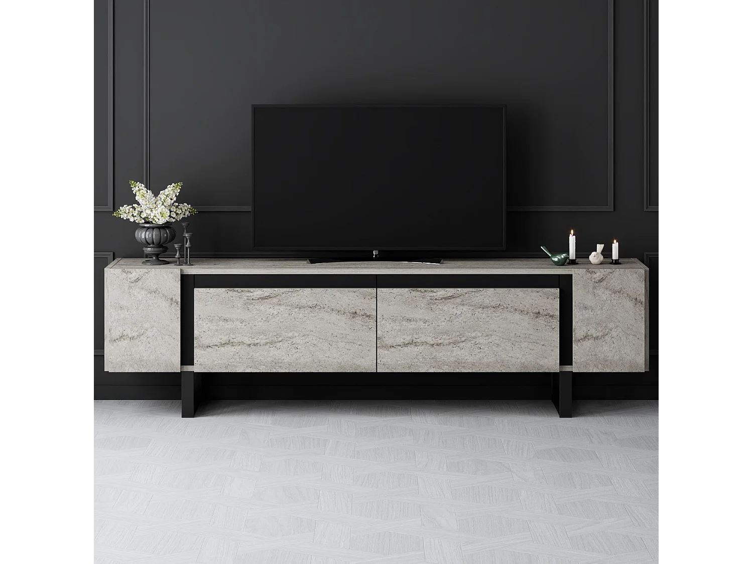 Mueble de TV – 180 cm x 50 cm x 30 cm – Travertino y Negro – MDF