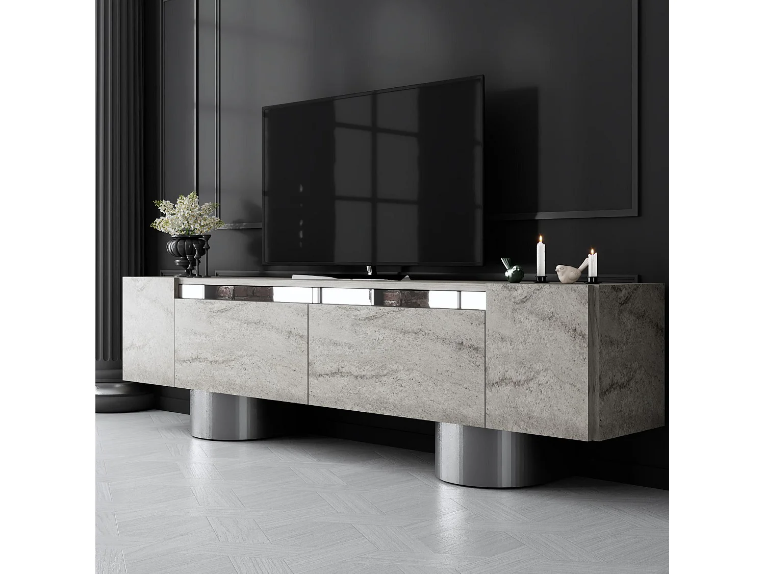 Meuble Tv design 2 portes basculantes Merna L180cm Bois Effet travertin beige et Métal Argent