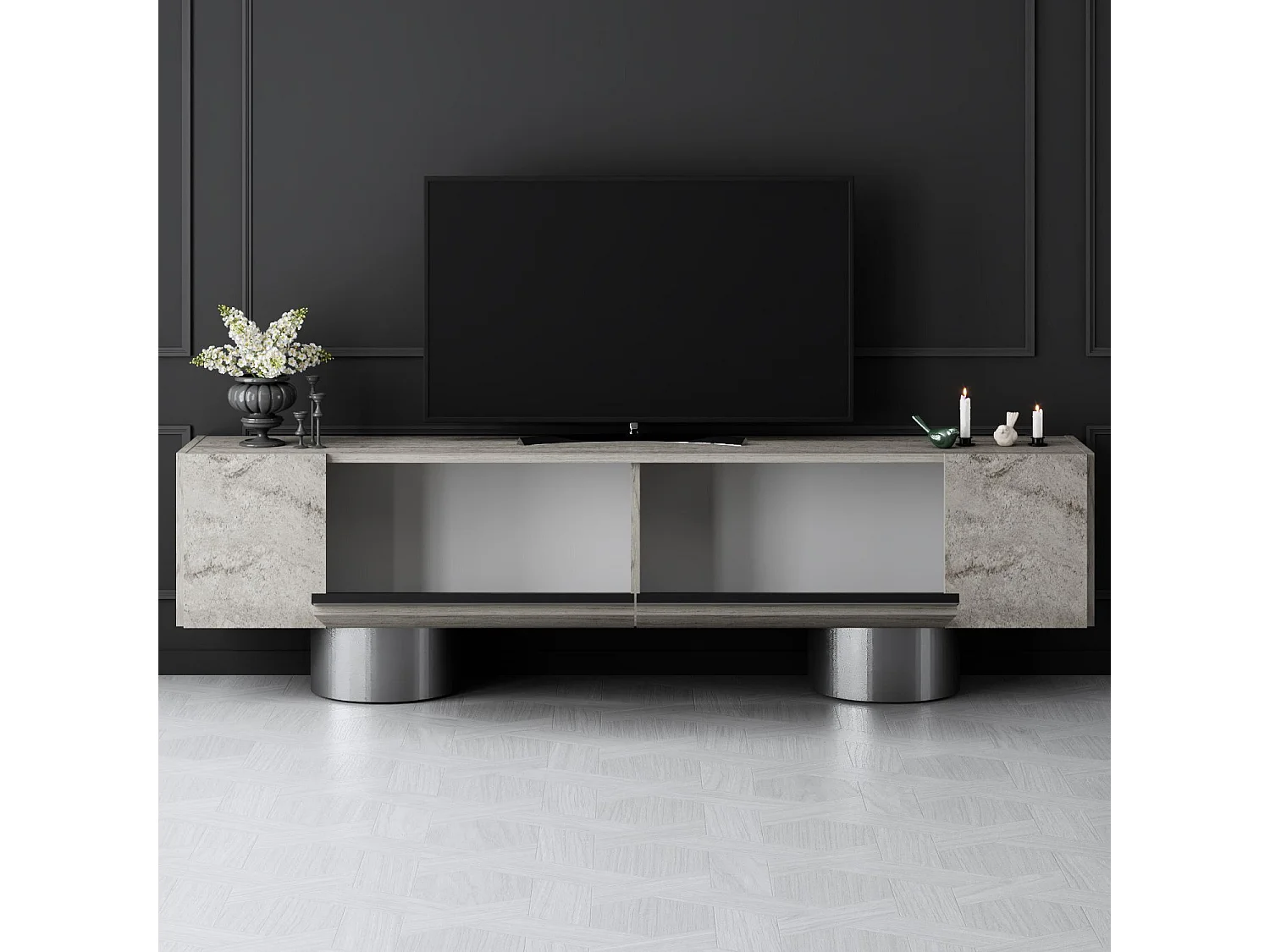 Meuble Tv design 2 portes basculantes Merna L180cm Bois Effet travertin beige et Métal Argent