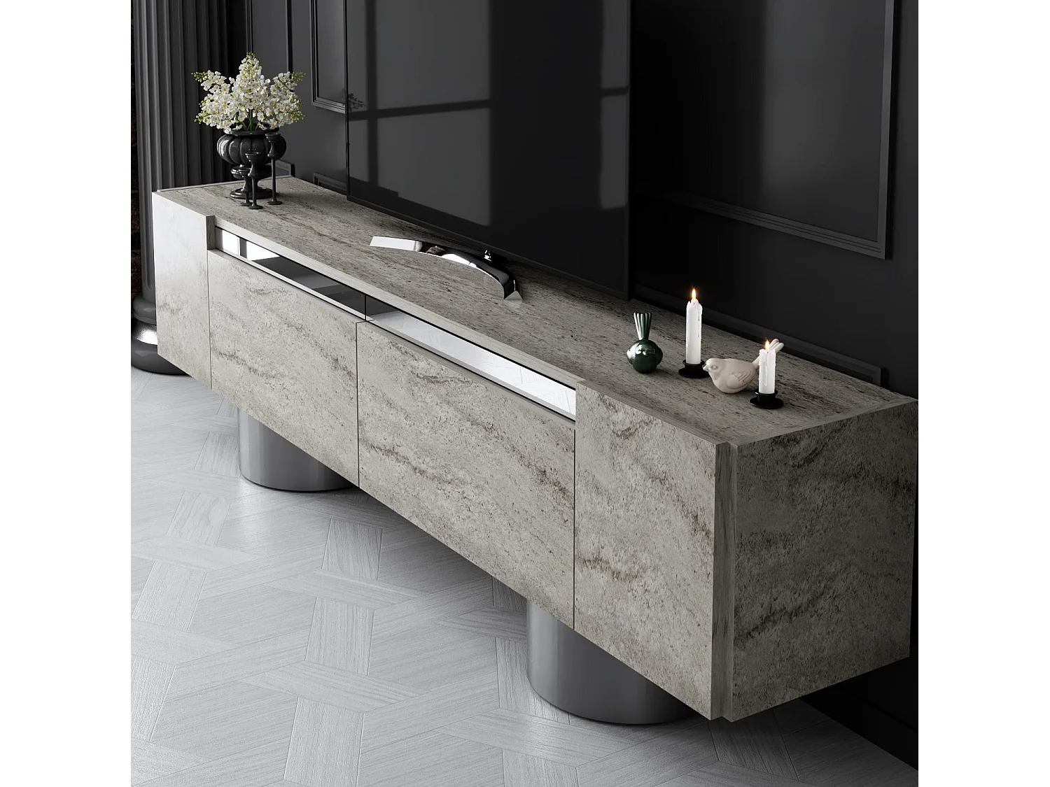 Meuble Tv design 2 portes basculantes Merna L180cm Bois Effet travertin beige et Métal Argent