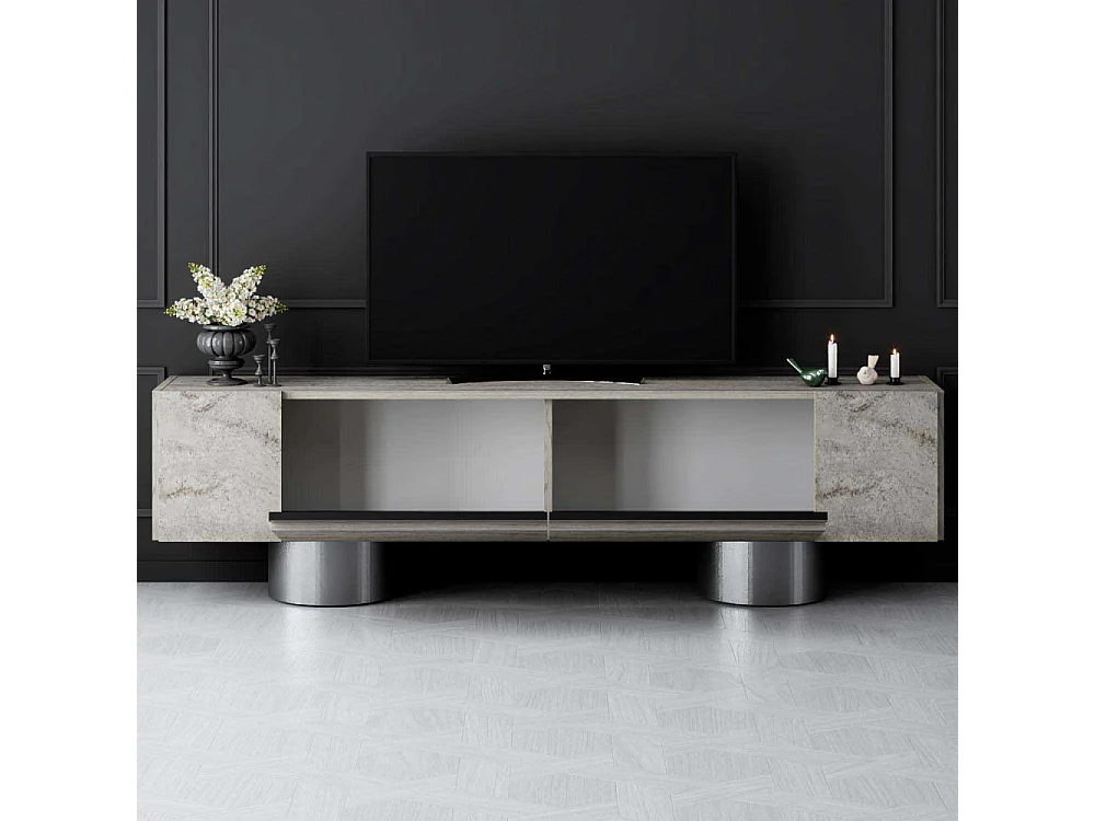 Meuble Tv design 2 portes basculantes Merna L180cm Bois Effet travertin beige et Métal Argent