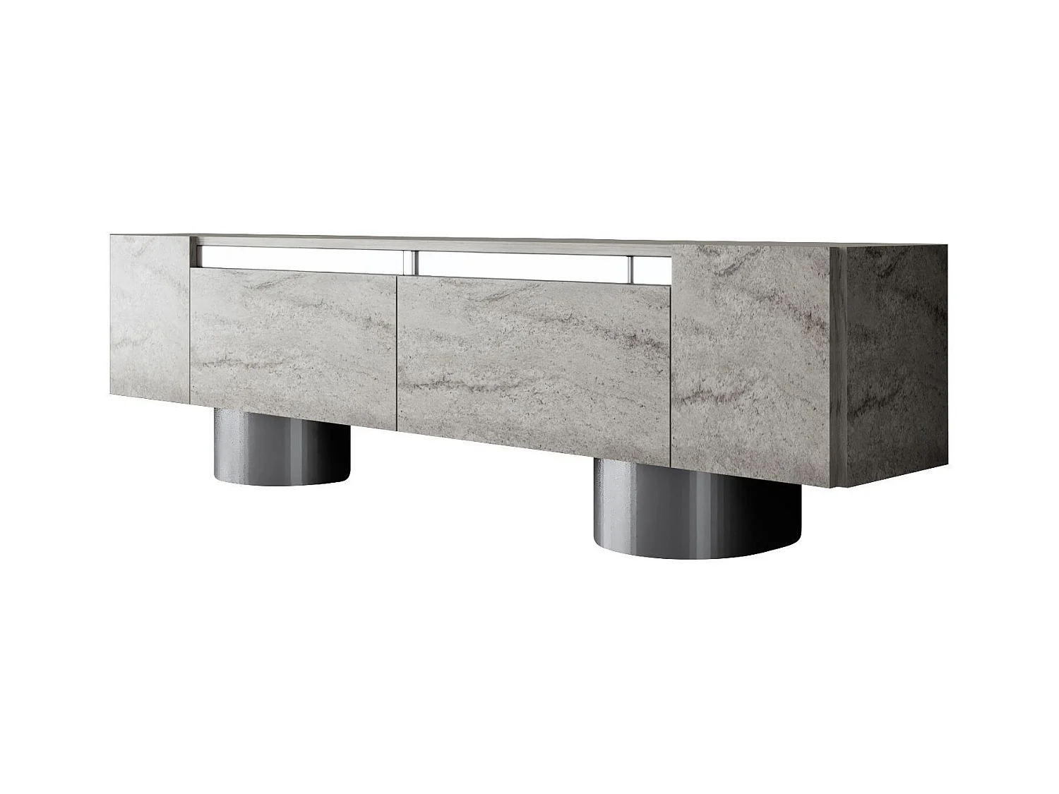 Meuble Tv design 2 portes basculantes Merna L180cm Bois Effet travertin beige et Métal Argent