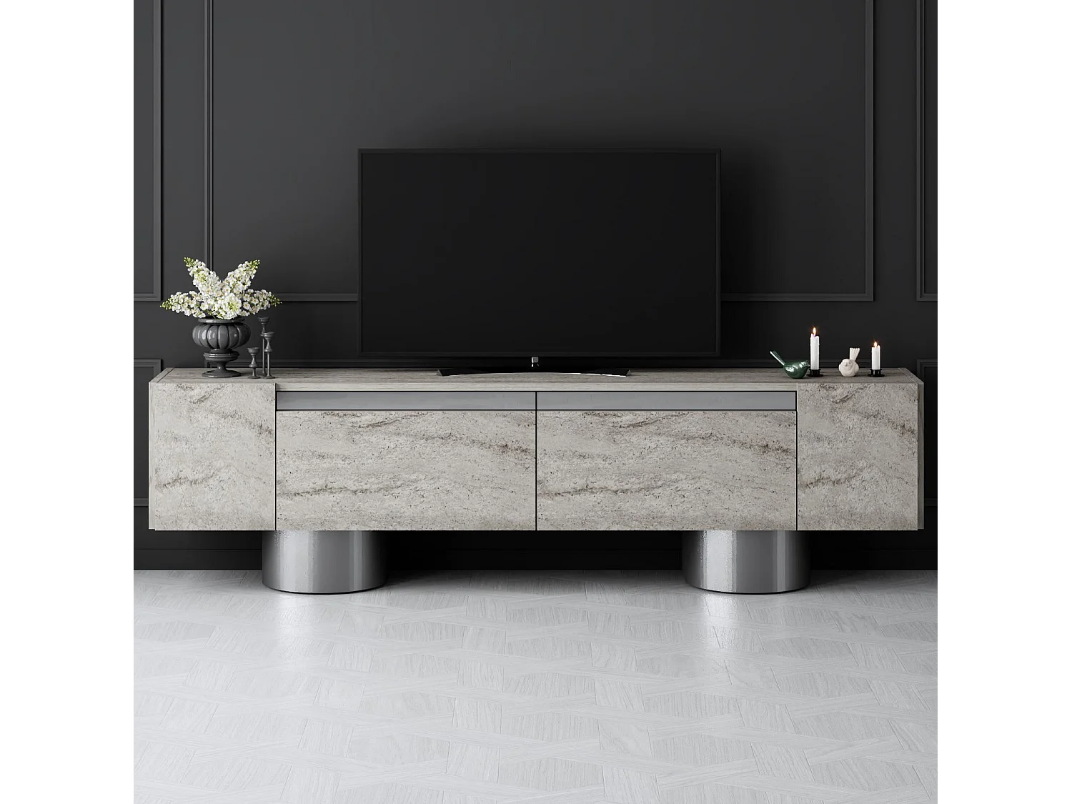 Móvel de TV – 180 cm x 50 cm x 30 cm – Travertino e Prata – MDF