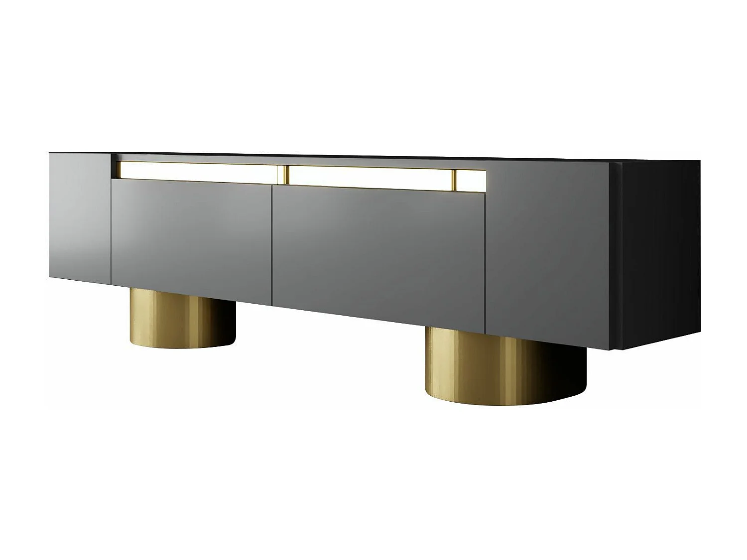 Meuble Tv design 2 portes basculantes Merna L180cm Bois Anthracite et Métal Or