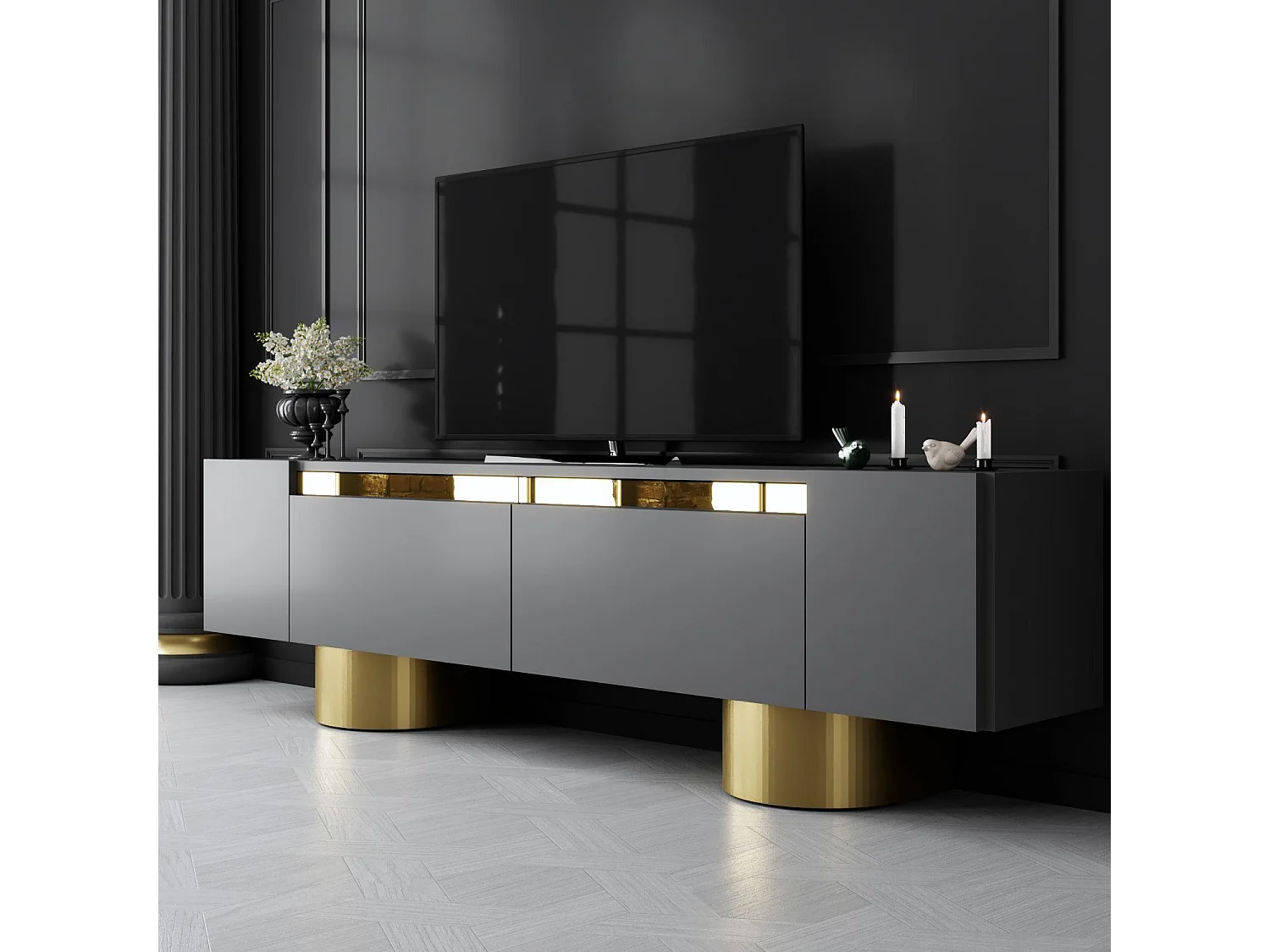 Meuble Tv design 2 portes basculantes Merna L180cm Bois Anthracite et Métal Or