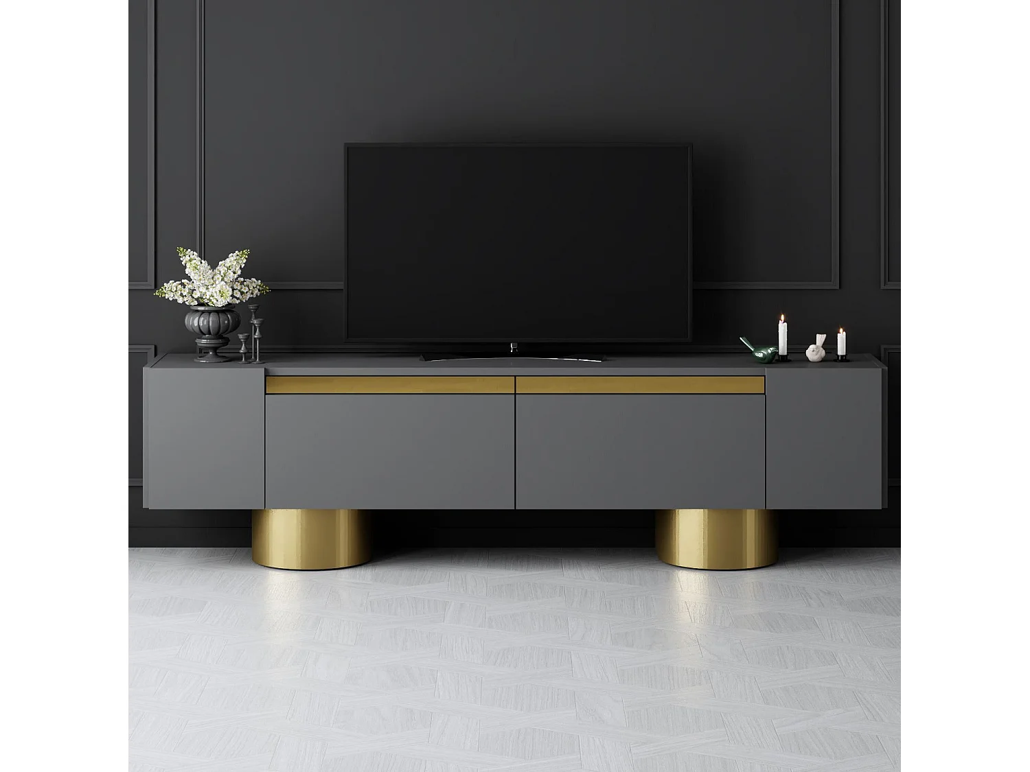 Meuble Tv design 2 portes basculantes Merna L180cm Bois Anthracite et Métal Or