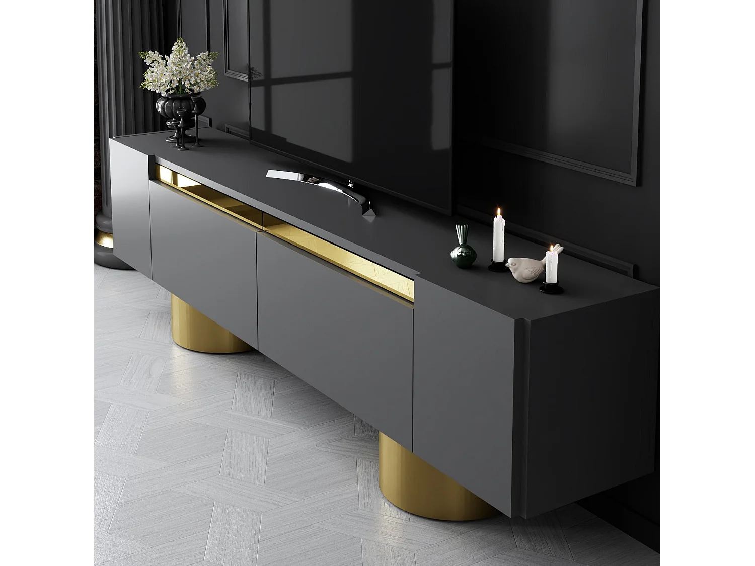 Meuble Tv design 2 portes basculantes Merna L180cm Bois Anthracite et Métal Or