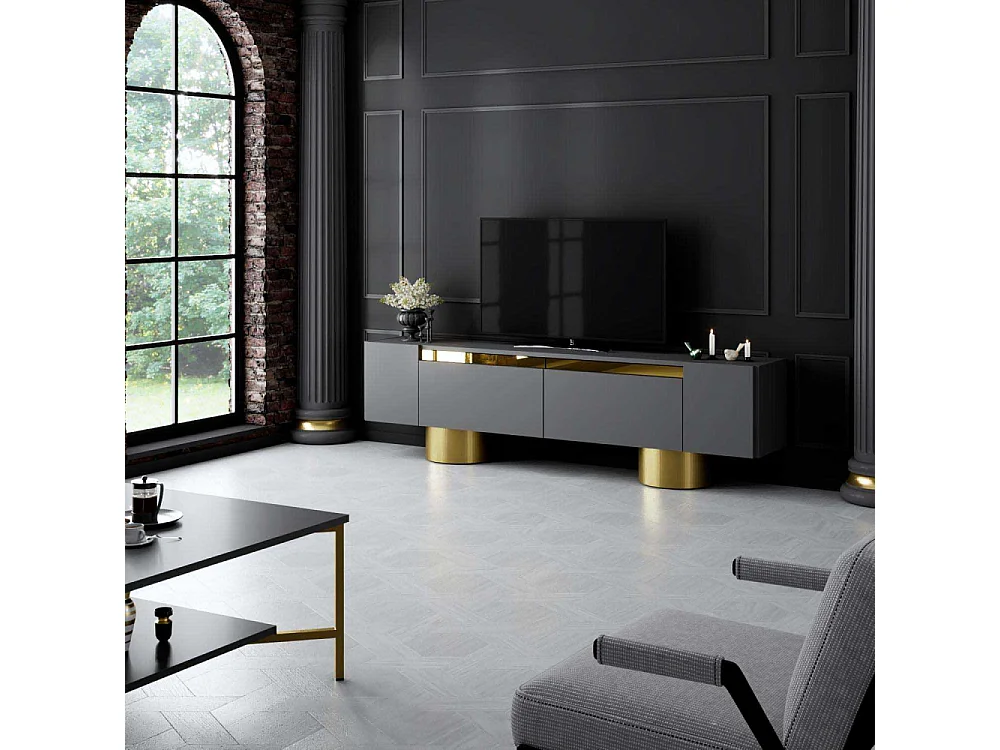 Meuble Tv design 2 portes basculantes Merna L180cm Bois Anthracite et Métal Or