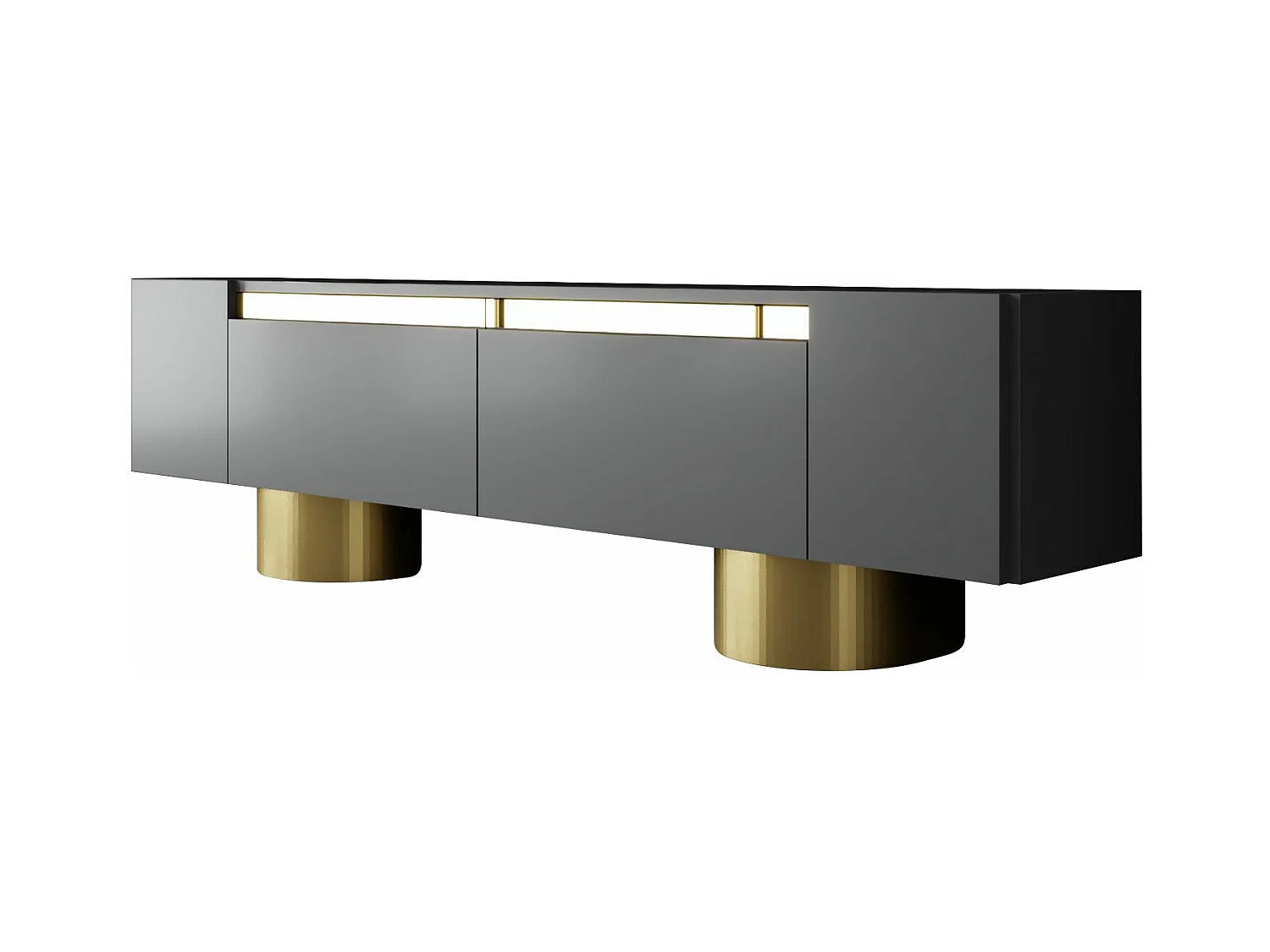 Meuble Tv design 2 portes basculantes Merna L180cm Bois Anthracite et Métal Or