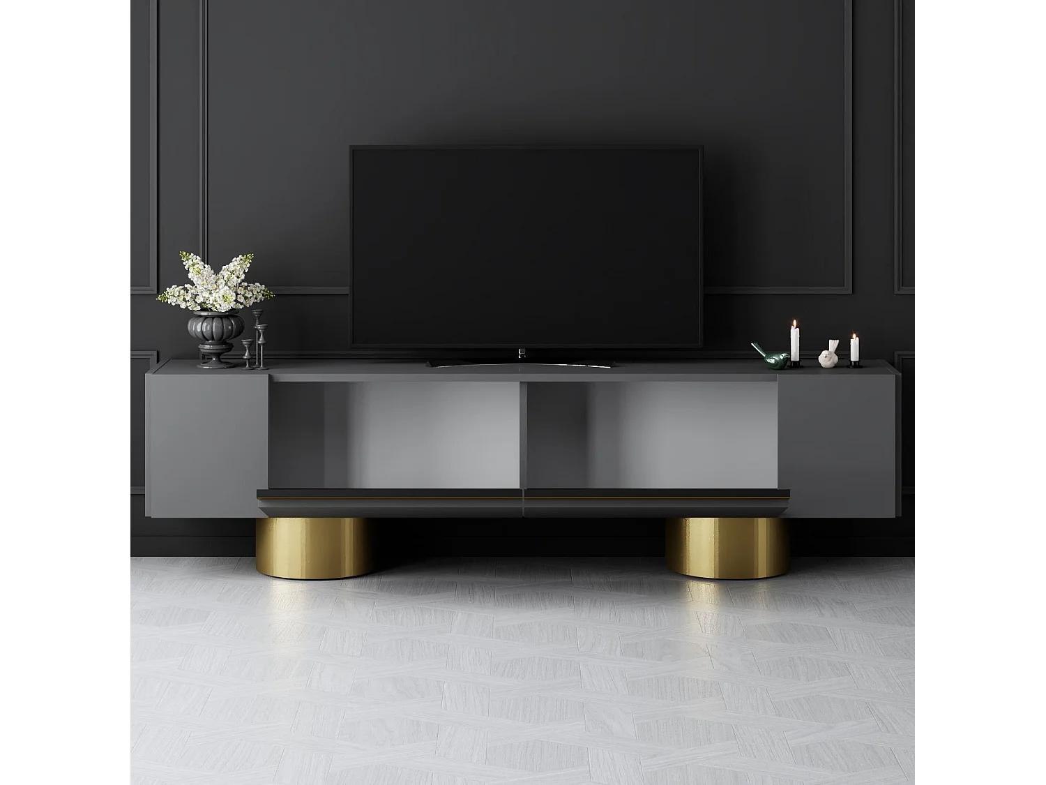 Meuble Tv design 2 portes basculantes Merna L180cm Bois Anthracite et Métal Or
