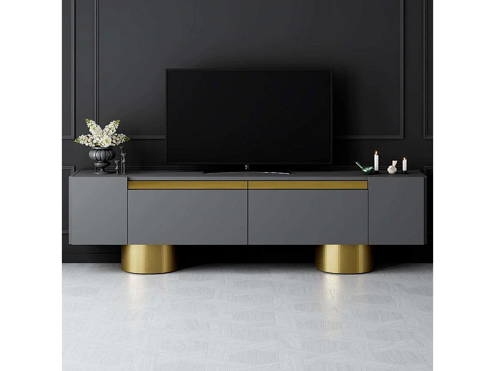 Meuble Tv design 2 portes basculantes Merna L180cm Bois Anthracite et Métal Or