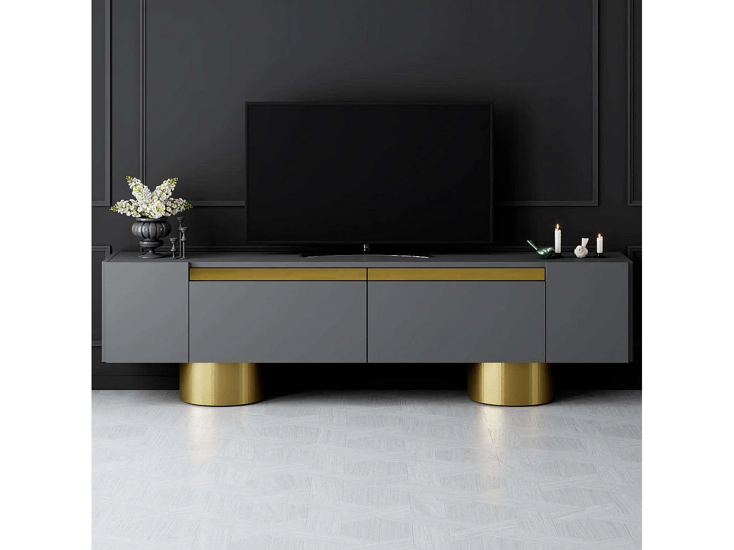 Mueble de TV – 180 x 50 x 30 cm – Antracita y Oro – MDF recubierto de melamina