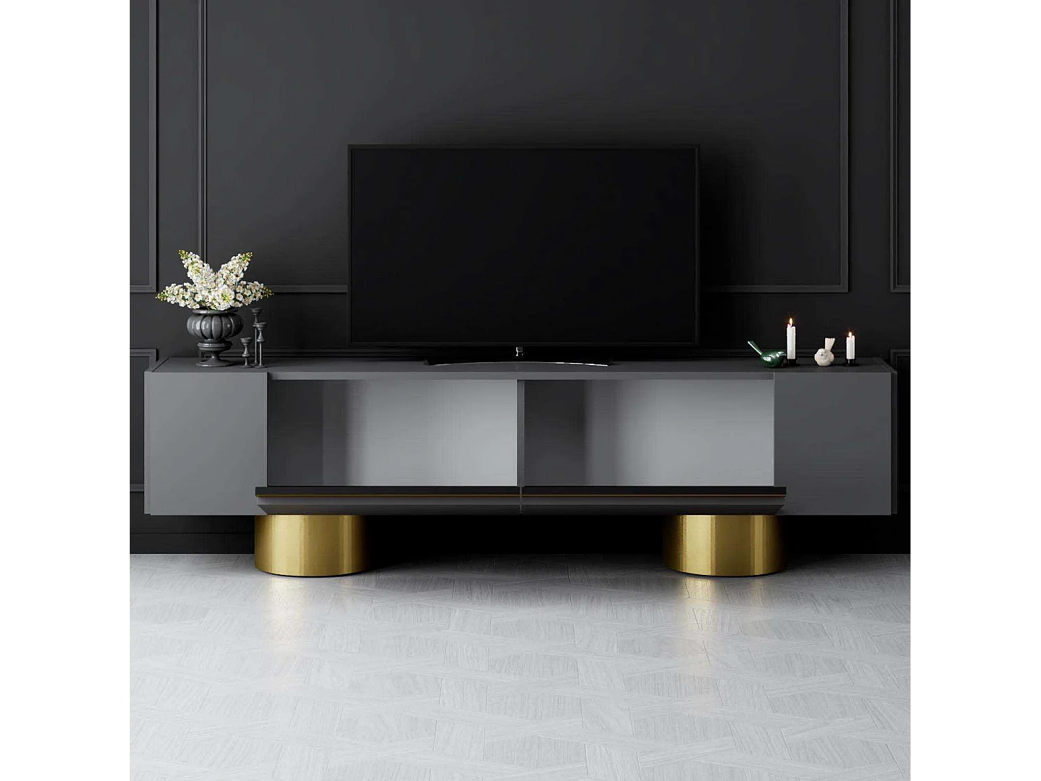 Mueble de TV – 180 x 50 x 30 cm – Antracita y Oro – MDF recubierto de melamina
