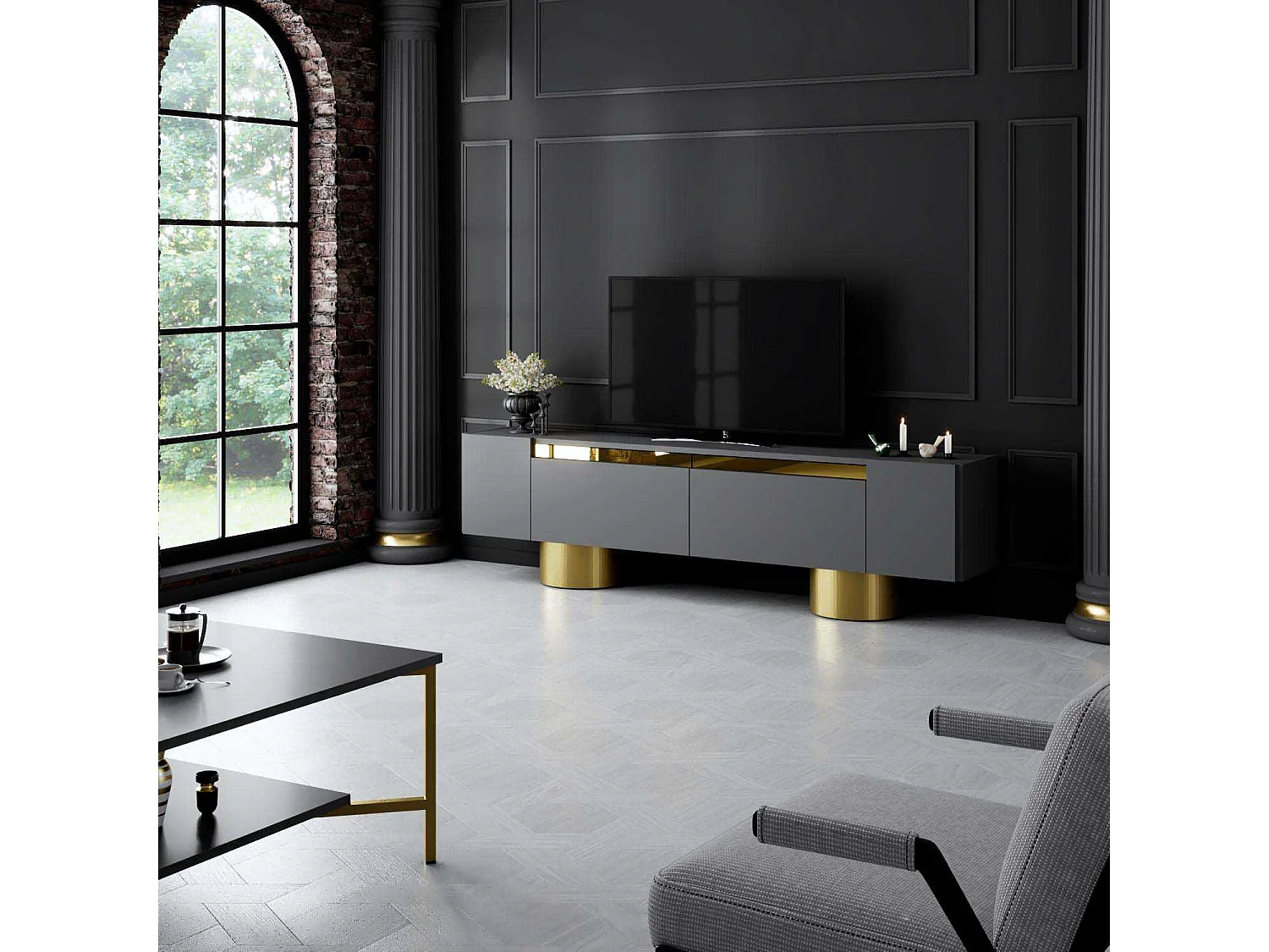 Mueble de TV – 180 x 50 x 30 cm – Antracita y Oro – MDF recubierto de melamina
