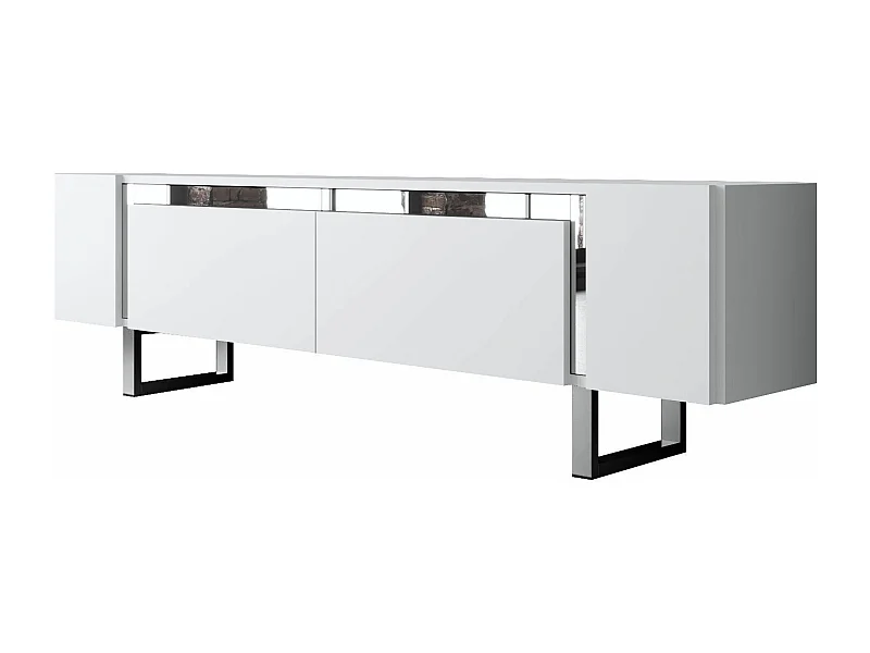 Meuble Tv design 2 portes basculantes Merany L180cm Bois Blanc et Métal Argent