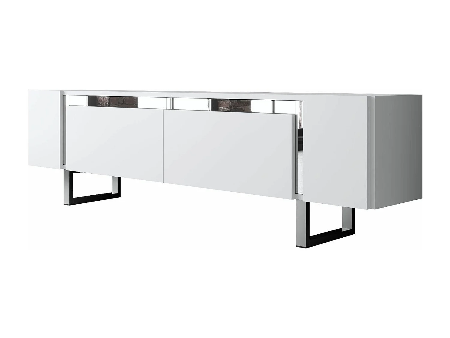 Meuble Tv design 2 portes basculantes Merany L180cm Bois Blanc et Métal Argent