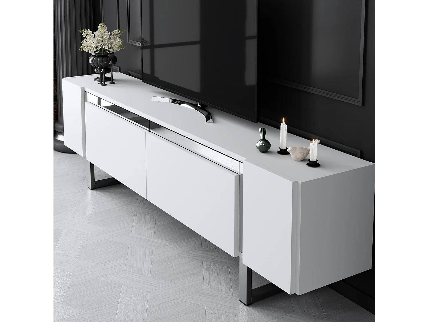 Meuble Tv design 2 portes basculantes Merany L180cm Bois Blanc et Métal Argent