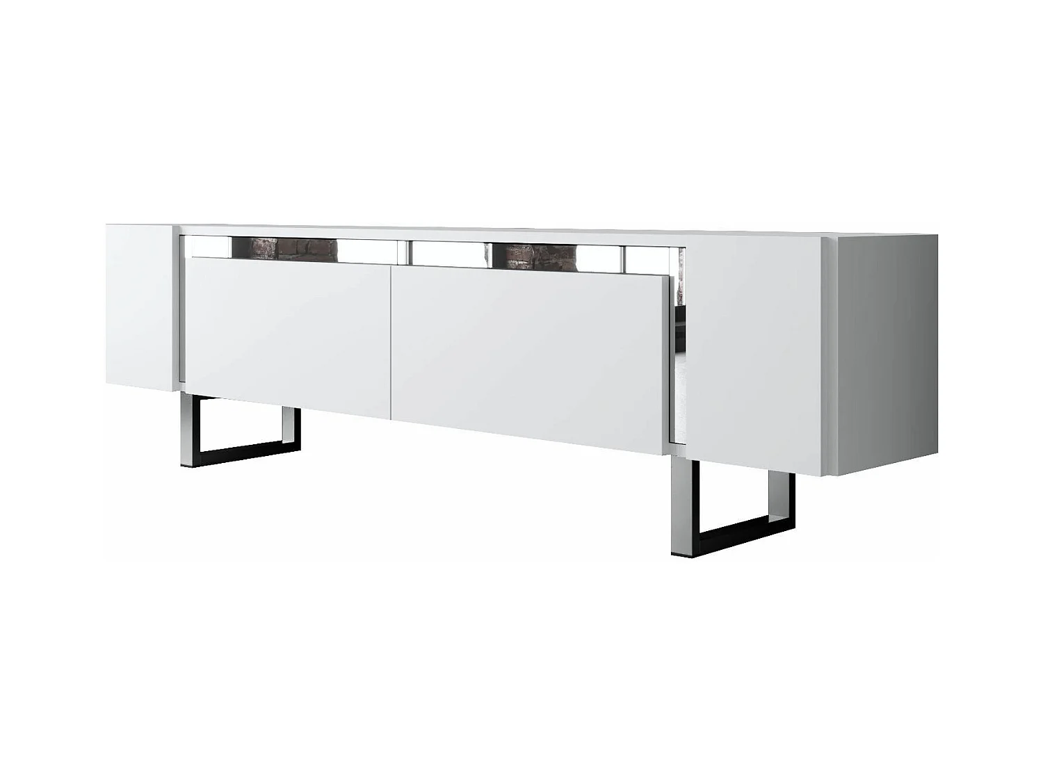 Meuble Tv design 2 portes basculantes Merany L180cm Bois Blanc et Métal Argent